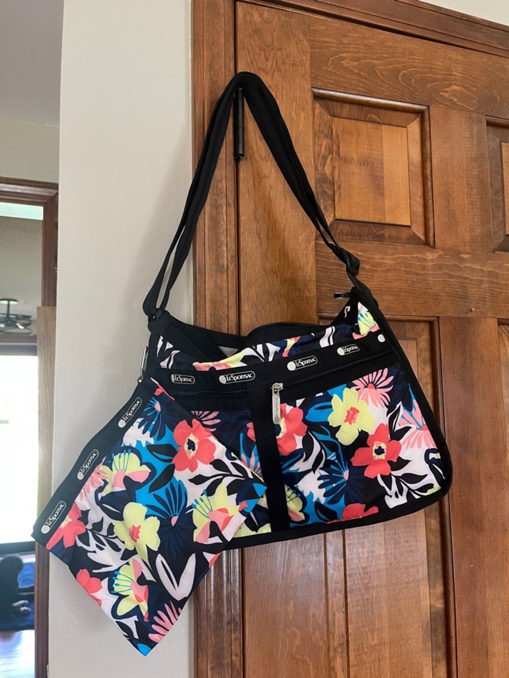 LeSportsac Black Floral Shoulder Bag with Bright Multicolor Print and Wristlet